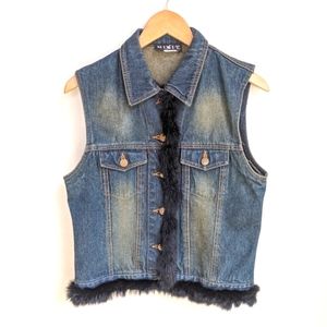 Vintage Denim Vest with Rabbit Fur Trim